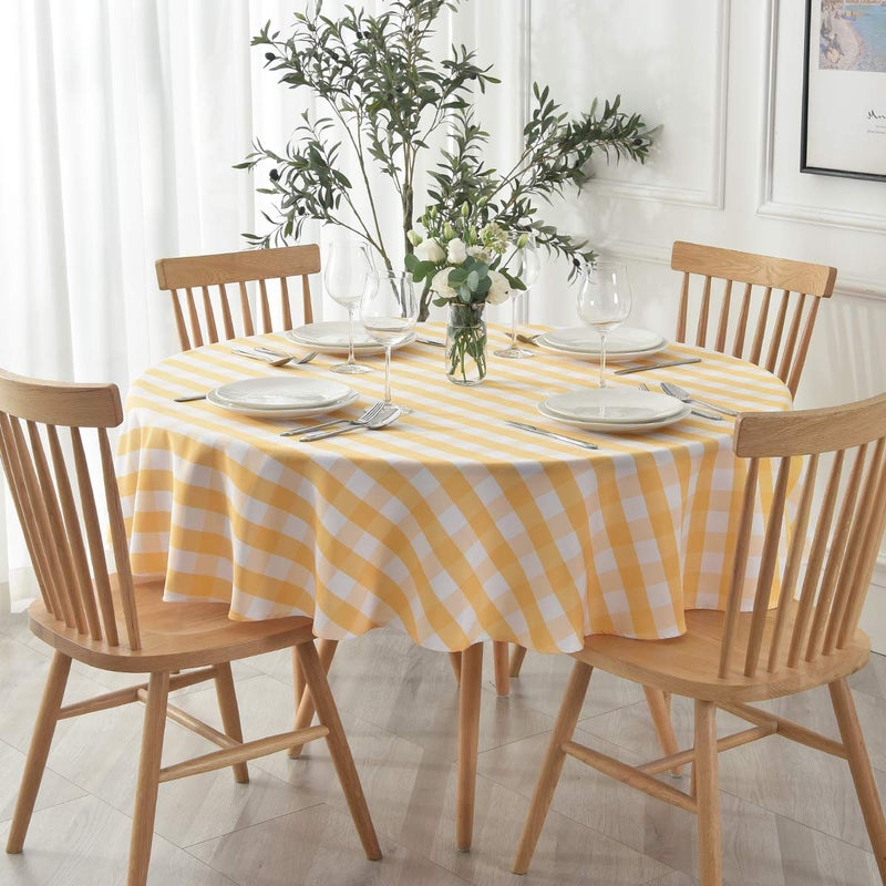 maxmill Round Checkered Tablecloth Spillproof Wrinkle Free Heavy Weight Gingham Table Cloth for Circular Table Buffalo Plaid for Buffet Banquet Parties Holiday Dinner 70 Inch Yellow and White - Image 1